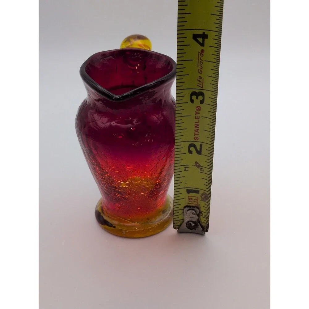 Amberina Crackle Glass Mini Pitcher With UV Reactive Glow & Yellow Handle Approx